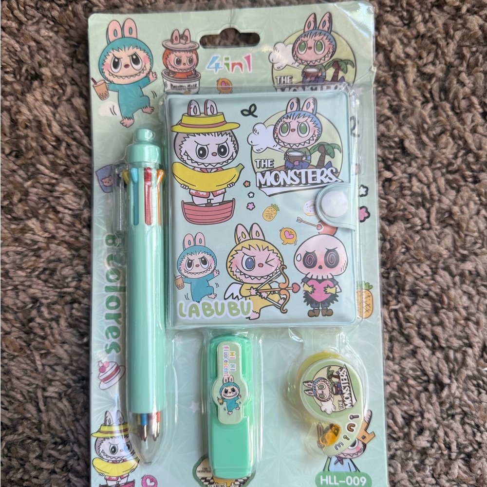 Labubu Stationery Set, Pen, Notebook, Marker & Tape, Green Color